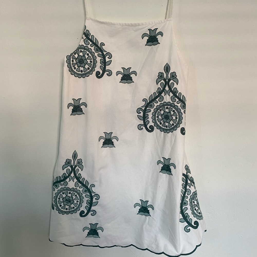 Zara Green and White Embroidered Mini Dress